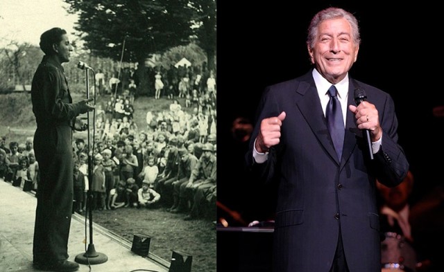 Left: Cpl. Anthony Benedetto sings for troops in 1945 while deployed in Germany. 

Right: Tony Bennett performs on tour with his quartet.

