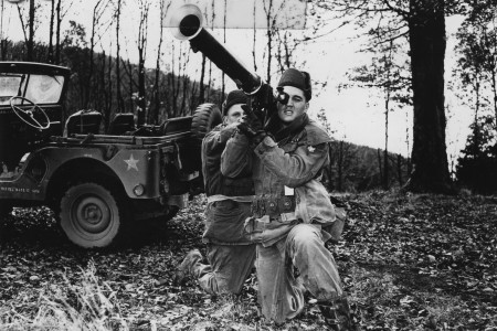 SP-4 Elvis Presley, rock & roll singer, TV & Movies, undergoes training with the 3.5 rocket launcher at Wildflecken, Germany. Oct 1959. Photo by SP-4 Jack R. Thornell, 143 Sig Bn, Third Armored Div. 