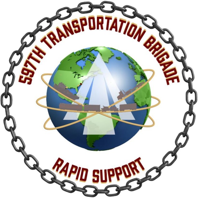 The 5987th Transportation Brigade unit crest was updated Sep. 29, 2023. The crest was designed by U.S. Army graphic designers assigned to the 55th Signal Company Combat Camera unit at Fort George G. Meade, Maryland.

The red and gold letters represent the 597th Transportation Brigade colors and the Transportation Corps colors, while the black represents strength and power. The green and blue symbolize the earth, land and water.

