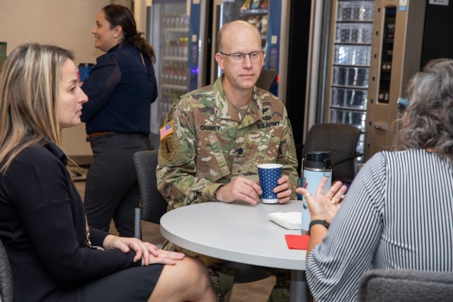 The U.S. Army Security Assistance Command&#39;s commanding general, Brig. Gen. Brad Nicholson (not pictured), connects with staff members at the command&#39;s New Cumberland Pennsylvania headquarters during a Donuts with the CG session.