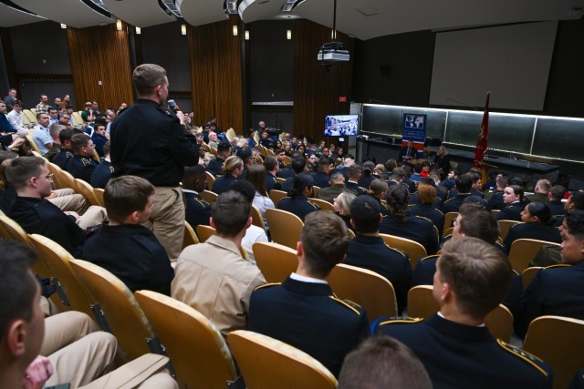 Secretary of the Army Christine E. Wormuth takes a question from a cadet after delivering a speech to the American Grand Strategy and had a fireside chat with Dr. Peter Feaver about the all-volunteer force. (U.S. Army photo by Sgt. 1st Class Nicole Mejia)