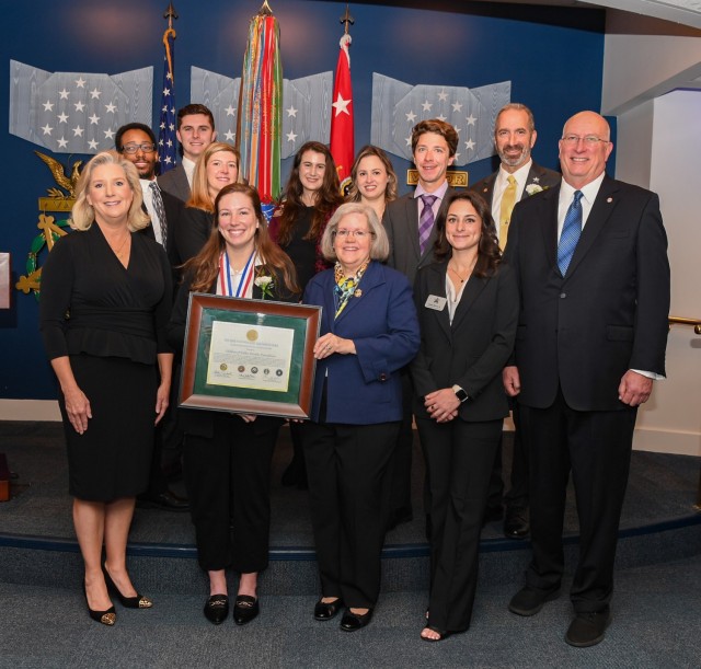 Secretary of the Army Christine E. Wormuth, left, presented the Zachary and Elizabeth Fisher Distinguished Civilian Humanitarian Award to members of the Children of Fallen Patriots Foundation, whose work providing financial aid to Gold Star children has impacted thousands. 