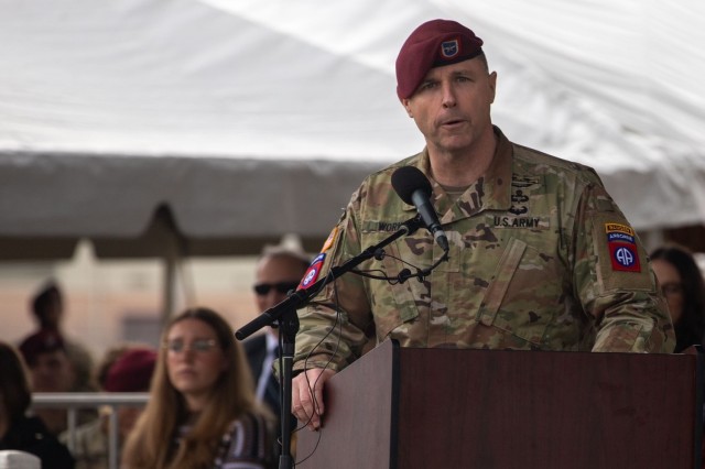 U.S. Army Brig. Gen. James “Pat” Work, Commanding General of the 82nd Airborne Division speaks during the division change of command  on Nov. 17, 2023, at Fort Liberty, North Carolina. The ceremony saw Maj. Gen. Christopher LaNeve relinquish...