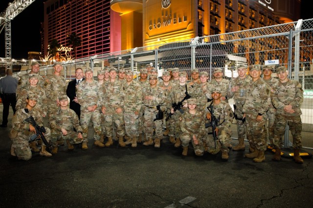 Members of the 72nd Military Police Company, Nevada National Guard, pose for a photo with state command leaders in Las Vegas Nov. 17, 2023. The 72nd MPs enhanced security at the Las Vegas Strip for the Formula 1 Grand Prix. (U.S. Army National...