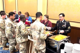FORT LIBERTY, N.C. – Over 100 Soldiers got a head start on Thanksgiving with stuffing, turkey and cranberries last week at the Iron Mike Conference Cent...