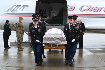 An honor guard from the New Hampshire Army National Guard escorted the body of Staff Sgt. Tanner Grone during an honorable transfer Nov. 22, 2023, at th...
