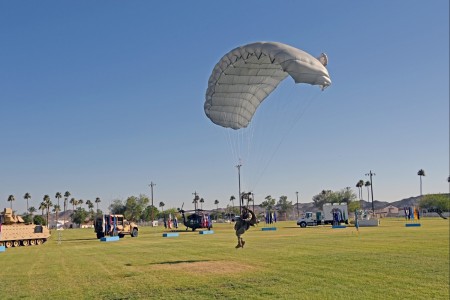 Soldiers from the Airborne Test Force were testing a potential new glide modification system for the RA-1 military free fall parachute during a practice jump just before Yuma Proving Ground Commander Col. John Nelson’s change of command ceremony. The test, which began in May and ended in July, consisted of 228 jumps.