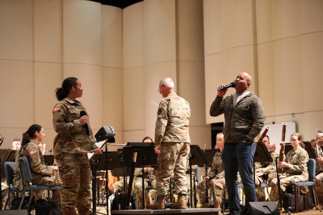 Broadway star, Christopher Jackson, rehearses with The U.S. Army Concert Band and The U.S. Army Chorus prior to their concert at the Hylton Performing Arts Center in Manassas, Virginia on November 4, 2023. The performance included songs from the critically acclaimed musicals In the Heights and Hamilton along with a selection of patriotic songs.