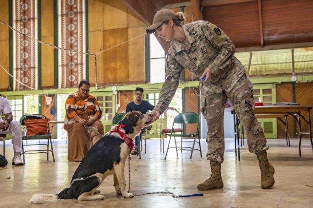 Army Capt. Ashley Kotran conducts canine training during Pacific Partnership 2023 in Tonga, Nov. 17, 2023. Pacific Partnership is the largest annual multinational humanitarian assistance and disaster relief preparedness mission conducted in the Indo-Pacific.