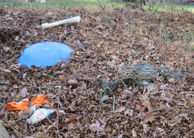 Debris is found behind an on-post housing unit during a November inspection of the installation’s tributaries, which flow into Missouri’s waterways. Left to wash into a tributary, these pollutants can cause contaminated water or even affect...