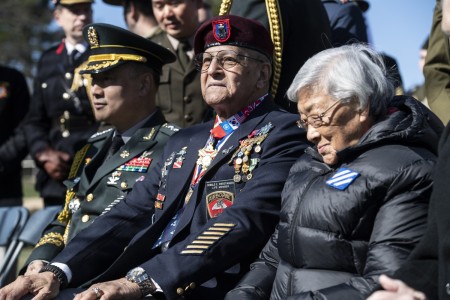 A U.S. Army veteran from the Korean War attends a ceremony commemorating the 70th Anniversary of the Signing of the Korean War Armistice at the 3d Infantry Division Monument in Section 46, Arlington National Cemetery, Arlington National Cemetery, Arlington, Virginia, March 16, 2023.