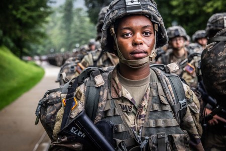 A West Point cadet marches back from Camp Buckner to culminate Cadet Basic Training at the U.S. Military Academy, August 7, 2023.