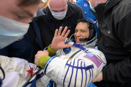 Expedition 69 NASA astronaut Frank Rubio is helped out of the Soyuz MS-23 spacecraft just minutes after the Roscosmos cosmonauts Sergey Prokopyev and Dmitri Petelin, landed in a remote area near the town of Zhezkazgan, Kazakhstan on Wednesday, Sept. 27, 2023. The trio are returning to Earth after logging 371 days in space as members of Expeditions 68-69 aboard the International Space Station. For Rubio, his mission is the longest single spaceflight by a U.S. astronaut in history.