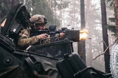 A U.S. Soldier, assigned to 2d Cavalry Regiment, engages the enemy during Dragoon Ready 23 at the Joint Multinational Readiness Center in Hohenfels, Germany, Feb. 1, 2023. 