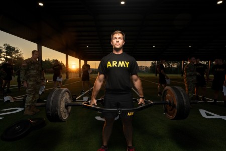 U.S. Army Central Best Squad Competitor Staff. Sgt. Joshua Hutchings, deadlifts a hex bar during the Army Combat Fitness Test, at USARCENT’s Physical Training Field, Shaw Air Force Base, S.C., on July 7, 2023. USARCENT conducts the ACFT in order to measure the readiness of the competitors for the upcoming FORSCOM Best Squad Competition.