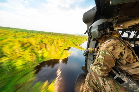 A Maine Army National Guard UH-60 Black Hawk crew conducts a training flight near Bangor, Maine, June 13, 2023.