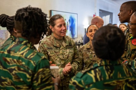 Lt. Gen. Jody Daniels, Chief of the Army Reserve & Commanding General, U.S. Army Reserve, shares personal experiences with soldiers attending the inaugural Army South Women, Peace, and Security Symposium at San Antonio, Texas, Feb. 22-23, 2023.