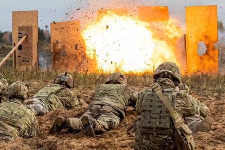 U.S. Army Soldiers with 9th Brigade Engineer Battalion, 2nd Armored Brigade Combat Team, 3rd Infantry Division, supporting NATO’s enhanced Forward Presence Battle Group Poland (eFP Poland), joined other multinational troops from Albania, Canada, Czech Republic, Germany, Italy, Latvia, Lithuania, Poland, Spain, and the United Kingdom with eFP Latvia for exercise Verboom in Adazi, Latvia, Oct. 28, 2023. During exercise Verboom, U.S. engineers supported eFP Latvia by constructing an improvised door handle charge to demonstrate how to infiltrate a locked door. 