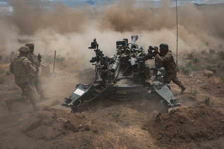 Washington National Guard Soldiers fire a 155mm howitzer during annual training at Yakima Training Center, Washington, June 19, 2023.