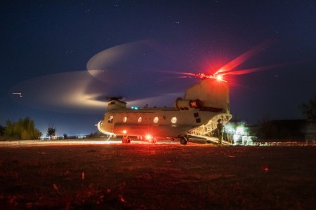 A CH-47 Chinook Helicopter lands at the Best Warrior competition, Fort Carson, Colorado, Oct. 20, 2023. The top-tier competitors from the Colorado Army National Guard will earn the title of Noncommissioned officer or Soldier of the Year and move on to compete in the Region VII competition. 