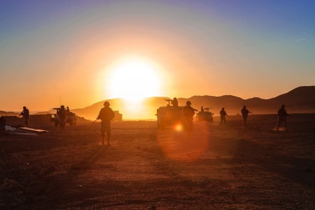 Soldiers conduct a dismounted patrol at the National Training Center, Fort Irwin, California, Jan. 27, 2023.