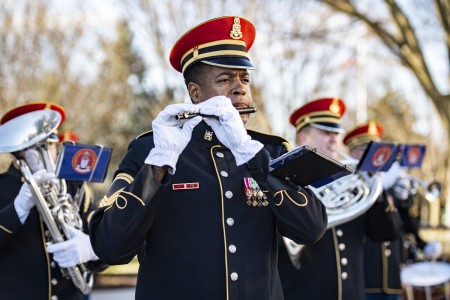 The U.S. Army Band, &#34;Pershing&#39;s Own,&#34; participates in an Armed Forces Full Honors Wreath-Laying Ceremony at the Tomb of the Unknown Soldier at Arlington National Cemetery, Arlington, Virginia, Jan. 20, 2023. The wreath was laid by France Vice Chief of Defense Gen. Eric Autellet. 