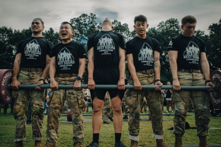 Soldiers deadlift over 450 pounds in unison during the 2023 Army Best Squad Competition Park in Savannah, Ga., Sept. 30, 2023. 