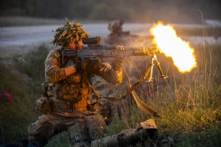 U.S. Army Soldiers from the 2nd Cavalry Regiment engage in a gunfire battle with enemy forces played by the 1st Battalion, 4th Infantry Regiment, during Saber Junction 23 at the Joint Multinational Readiness Center near Hohenfels, Germany, Sept. 14, 2023. The training exercise promotes regional stability and security, while increasing combat readiness.