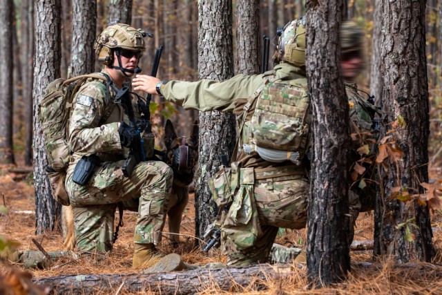 U.S. Army Sgt. Nathaniel Hudson and MWD Kiefly, both assigned to the 550th Military Working Dog Detachment, 16th Military Police Brigade, conduct a react to an IED lane at Fort Liberty, N.C., Nov. 16, 2023. Military Working Dogs are used to keep...