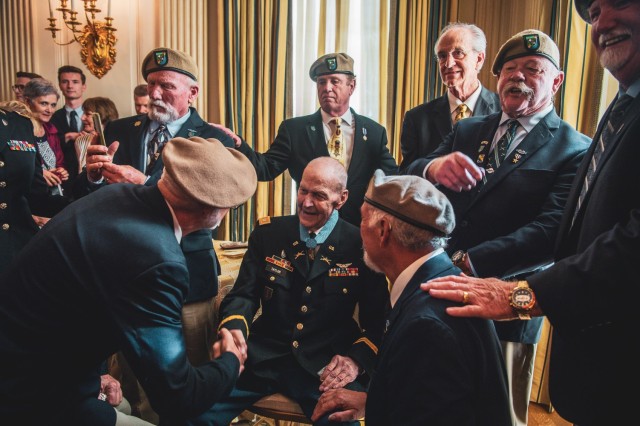 U.S. Army Capt. Larry L. Taylor is greeted by former teammates after receiving the Medal of Honor at the White House in Washington, D.C., Sept. 5, 2023. Taylor was awarded the Medal of Honor for his acts of gallantry and intrep...