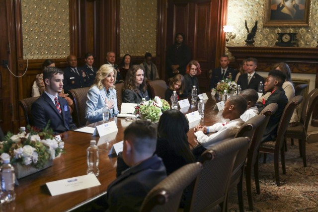 First Lady Jill Biden welcomes National Guard senior leaders and Guard family members for a roundtable discussion on support for National Guard children in the Eisenhower Executive Office Building, Washington, D.C., Nov. 27, 2023. Attendees, including Guard children, and adjutants general, also joined the first lady’s presentation of the 2023 White House “Magic, Wonder & Joy” holiday theme and decorations.