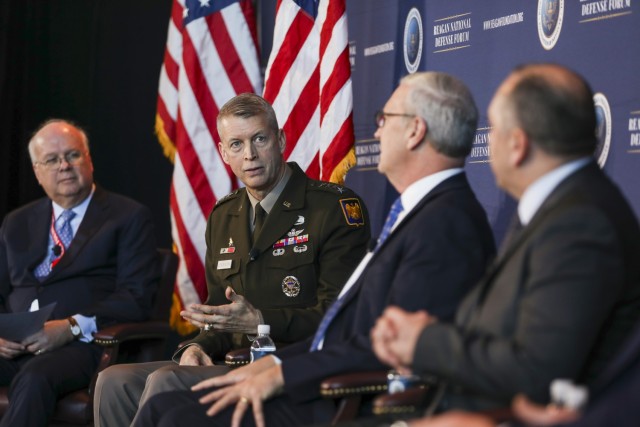 Army Gen. Daniel Hokanson, chief, National Guard Bureau, participates in a panel discussion at the 2023 Reagan National Defense Forum at the Ronald Reagan Presidential Library and Museum, Simi Valley, California, Dec. 2, 2023. Hokanson joined U.S. Sen. Kevin Cramer of North Dakota, Under Secretary of the Army Gabriel O. Camarillo, and Karl Rove to discuss how to boost military recruitment and readiness. 