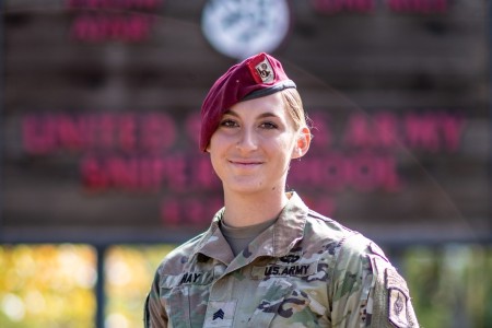 U.S. Army Sgt. Maciel Hay, a cavalry scout with 1st Squadron, 91st Cavalry Regiment, 173rd Airborne Brigade, poses for a photo after graduating sniper school at Fort Moore, Ga., Nov. 3, 2023. With this accomplishment, Hay becom...