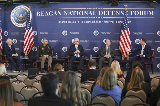 Army Gen. Daniel Hokanson, chief, National Guard Bureau, participates in a panel discussion at the 2023 Reagan National Defense Forum at the Ronald Reagan Presidential Library and Museum, Simi Valley, California, Dec. 2, 2023. Hokanson joined U.S. Sen. Kevin Cramer of North Dakota, Under Secretary of the Army Gabriel O. Camarillo, and Karl Rove to discuss how to boost military recruitment and readiness. (U.S. Army National Guard photo by Sgt. 1st Class Zach Sheely)