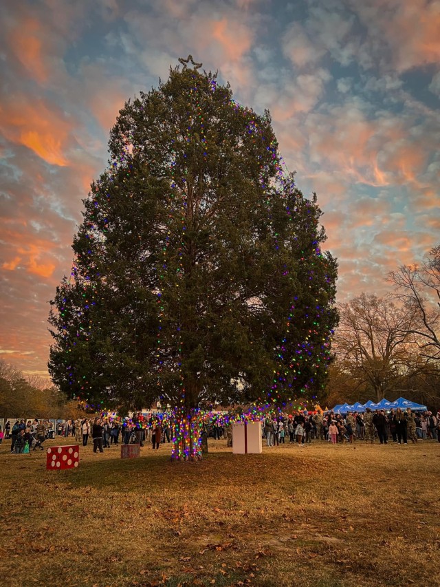 A gathered crowd enjoys the festivities behind the holiday Tree Thursday, Nov. 30, 2023 at the Fort Gregg-Adams Grand Illumination.