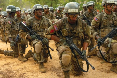 Trainees undergo basic combat training at Fort Jackson, South Carolina.