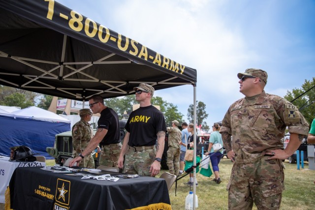 U.S. Army soldiers with the Wichita Recruiting Company hosted a recruitment booth at Hutchinson, Kansas on September 9, 2023. The soldiers hosted the booth at the Kansas State Fairgrounds to interact with the public and inform about enlistment opportunities and benefits.