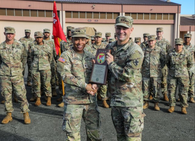 84th Engineer Battalion, 130th Engineer Brigade is awarded with a Chief of Staff Army Award for Maintenance Excellence placard.