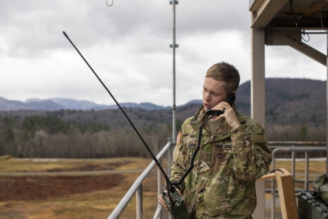 2nd Lt. Joseph Dandridge, a signal officer, with Headquarters and Headquarters Battery, 10th Mountain Division Artillery, establishes communications using a single channel ground and airborne radio system  RT-1523 with 10th Mountain Division Artillery, Fort Drum, N.Y. from Ethan Allen, Vermont on Dec. 3, 2023 at Ethan Allen. Hunter EMS VII is an exercise, held on Fort Drum and Ethan Allen, VT from Dec. 4-5, 2023, aimed to validate and improve the division's operational capacity in an ever-evolving battlefield by combining kinetic and non-kinetic effects.