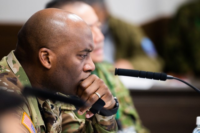 Lt. Gen. Xavier T. Brunson, the commanding general of America’s First Corps, participates in a bilateral battle update brief during Yama Sakura 85 in Camp Asaka, Saitama, Japan, Dec. 7, 2023. As a part of U.S. Army Pacific&#39;s Operation...