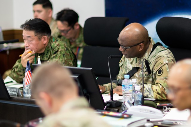 U.S. Army Lt. Gen. Xavier T. Brunson, the commanding general of America’s First Corps, and Lt. Gen. Ryoji Takemoto, the commanding general of the Japan Ground Self-Defense Force  Ground Component Command, during a bilateral combined arms...