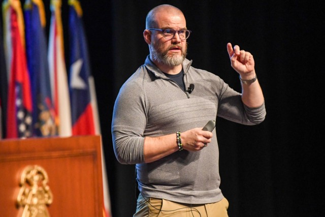 Jordan Morrow, the “godfather of data literacy” and founder/chief executive officer of Bodhi Data, makes a point during his presentation, Dec. 11, 2023, Lewis and Clark Center, Fort Leavenworth, Kan.