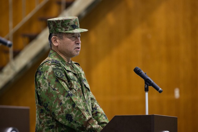Japan Ground Self-Defense Force Lt. Gen. Ryoji Takemoto, the commanding general of the Ground Component Command, delivers a speech at the closing ceremony for Yama Sakura 85 in Camp Asaka, Japan, Dec. 12, 2023. As a part of U.S. Army Pacific&#39;s...