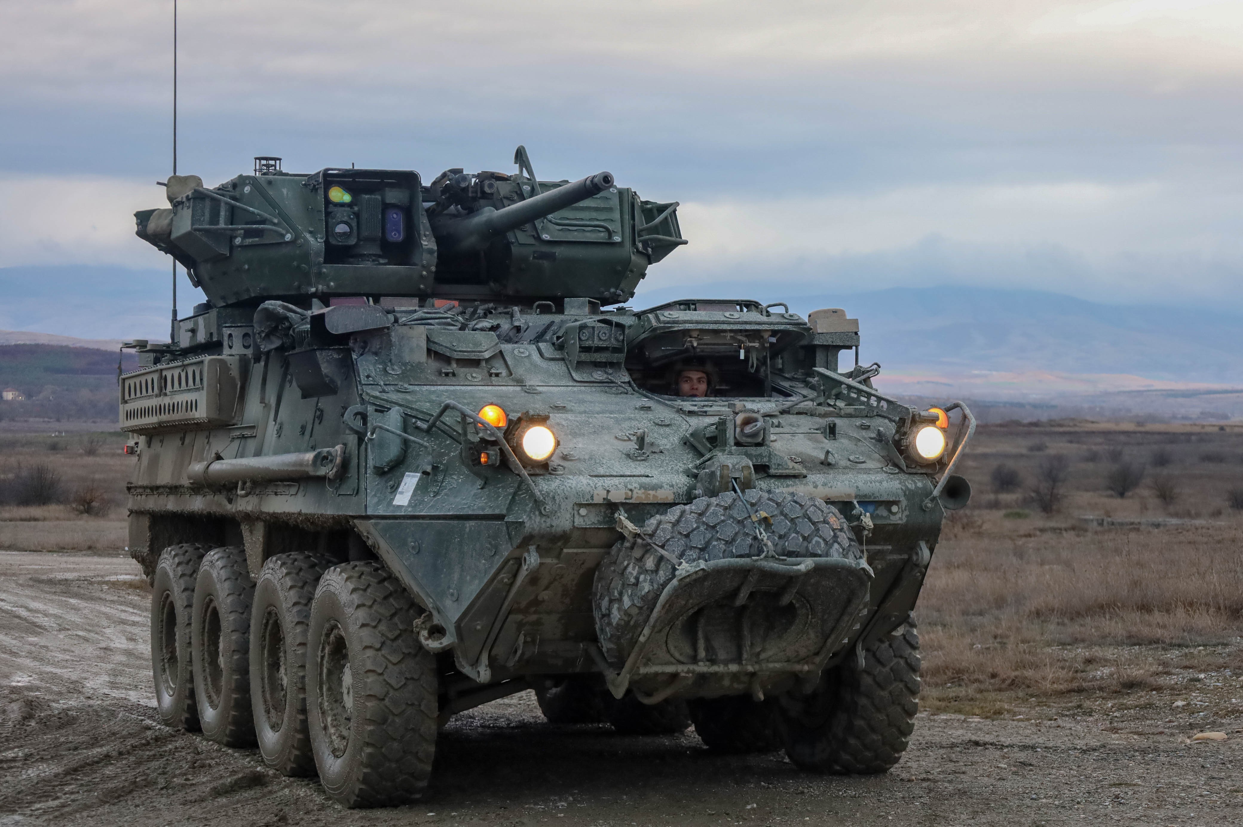 A U.S. Army armored personnel vehicle, infantry fighting vehicle, “Stryker” maneuvers in Krivolak Training Area, Republic of North Macedonia, Dec. 7, 2023. Brave Partner is a U.S. Army Europe and Africa scheduled, directed, and led short...