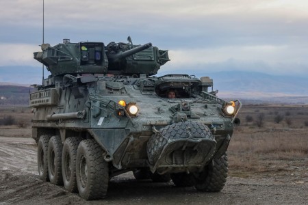 A U.S. Army armored personnel vehicle, infantry fighting vehicle, “Stryker” maneuvers in Krivolak Training Area, Republic of North Macedonia, Dec. 7, 2023. Brave Partner is a U.S. Army Europe and Africa scheduled, directed, and led short notice action planning (SNAP) exercise, which includes live-fire training and is designed to demonstrate USAREUR-AF’s operational reach, validate U.S. investments in the Republic of North Macedonia, and increase readiness.