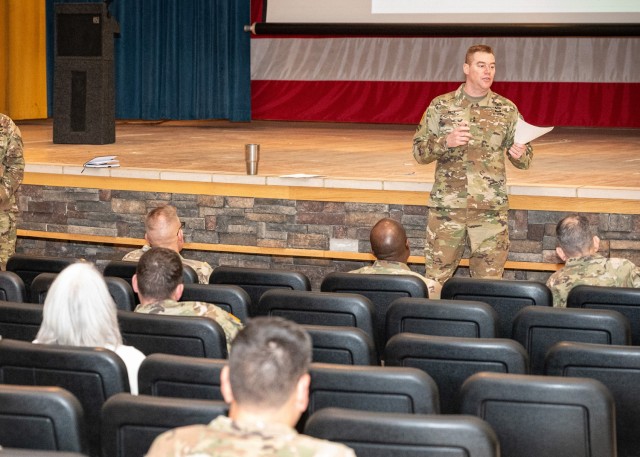 Maj. Gen. Christopher Beck, Maneuver Support Center of Excellence and Fort Leonard Wood commanding general, speaks at a town hall Wednesday evening in Baker Theater, where upcoming changes were discussed with installation residents.