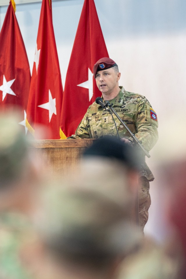 Maj. Gen. J. “Patrick” Work, commander of the 82nd Airborne Division, delivers remarks during the transfer of authority ceremony. from 10th Mountain Division "Task Force Mountain" to the 82nd Airborne Division "Task Force 82", hosted by the U.S. Army’s V Corps, marking the units’ official departure and arrival in Europe at Mihail Kogalniceanu Air Base, Romania, on Dec. 15. The soldiers and paratroopers assigned to TF 82 are in support of the U.S. Army V Corps mission to reinforce NATO’s eastern flank, assure European Allies and partners, and deter aggression from potential adversaries. (U.S. Army Photo by Sgt. 1st Class Jonathan Hornby).