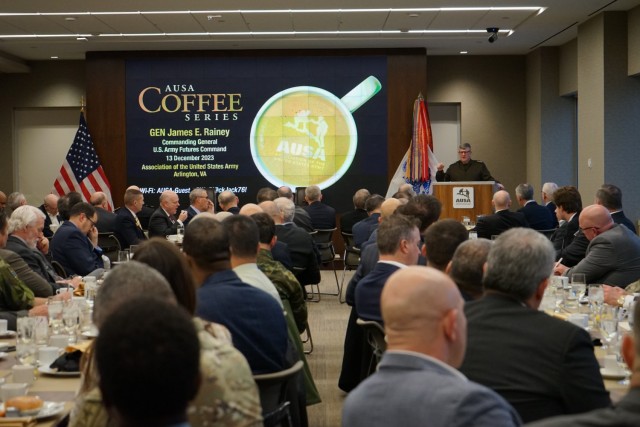 Commanding General of Army Futures Command Gen. James E. Rainey speaks to an audience of Army stakeholders during a Dec. 13 AUSA Coffee Series in Arlington, Virginia.            