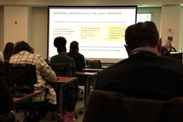 Ms. Molly Gamino, Financial Management Analyst, OASA (FM&C), leads a training session on internal controls during the 2023 Army Annual Audit Summit in Washington Dec. 13, 2023.