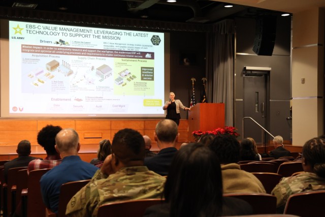 Ms. Johanna Sears, Director, Enterprise Business Systems - Convergence (EBS-C) Accounting and Audit Integration, discusses EBS-C during the 2023 Army Annual Audit Summit in Washington Dec. 14, 2023.